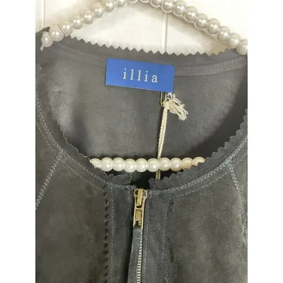 Illia Black Suede Jacket with Ostrich Feather Hem Size 6 NWT - Picture 5 of 8